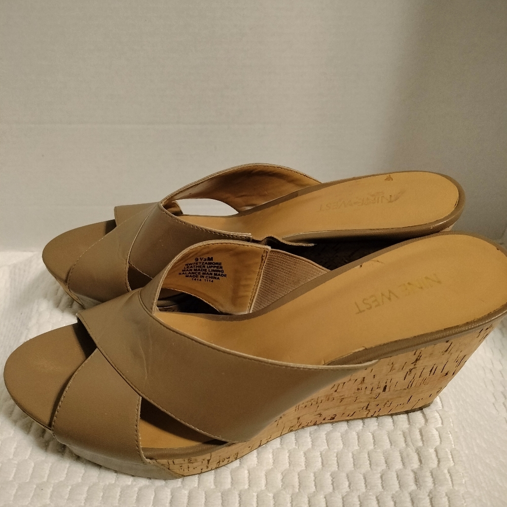 Nine West Wedge Cork Leather Brown Slide Sz 9 1/2M